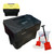 Excelsior 115 Litre 125kg Recycled Grit Bin - Optional Salt, black grit bin with a lid, and a smaller yellow grit bin, with a bag of de-icing salt and two red spatulas.