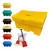 Excelsior 350 Litre Grit Storage Bin Kit With 350kg Rock Salt, large yellow plastic grit storage bin with lockable lid, also available in green, brown, yellow, red, and blue, accompanied by a bag of de-icing salt and two red shovels for ice and snow removal.