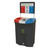 Leafield 110 Litre Meridian Office Cup Triple Recycling Bin, a black recycling bin with three separate compartments for plastics, general waste, and liquids, each with color-coded lids and a signboard indicating recycling categories.