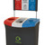 Leafield 110 Litre Meridian Office Cup Triple Recycling Bin, a black recycling bin with three color-coded compartments for plastics, general waste, and liquids featuring icons and a top sign for sorting waste.