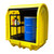 Romold 2 Drum With Shelf Covered Lockable Bunded Spill Pallet BP2HCS, a yellow and black spill containment pallet for drums, with a shelving unit for storing cleaning and safety supplies.