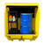 Romold 2 Drum With Shelf Covered Lockable Bunded Spill Pallet BP2HCS, yellow spill containment pallet with two drums and a black shelf with safety and cleaning supplies.