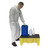 Romold 70 Litre Drip Spill Tray On Legs With Mesh Grid ST70, a yellow spill containment tray with mesh surface and sturdy legs, designed for industrial chemical and liquid containment, with a person in protective gear demonstrating its use.