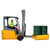 Romold 4 Drum Pallet Converter Bund PALCON4, image of a forklift transporting four green drums in a yellow container.
