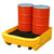 Romold 4 Drum Pallet Converter Bund PALCON4, yellow plastic pallet with black honeycomb surface holding four orange drums for safe handling and storage.