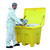 Romold 350 Litre Commercial Tote Storage Container Bin PSB1, large yellow plastic container with open lid and a person in protective suit placing items inside for storage or disposal.