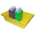 Romold 22 Litre Drip Spill Tray ST20, yellow spill containment tray with two bottles of cleaning liquids in purple and green.