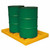 Romold 2 Drum Bunded Low Profile Spill Tray 145ltr Sump TTHD, a yellow spill containment pallet holding two green Drums for safe storage and spill control.