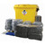 Fentex 800 Litre General Use Spill Kit In Wheeled Bin GSKT, a large yellow wheeled bin with spill kit label, surrounded by black absorbent pads, gloves, tapes, and other spill containment and cleanup supplies.
