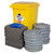 FyterTech 360 Litre General Use Spill Kit In Wheelie Bin GSK360, including a yellow spill kit wheelie bin, blue spill absorbent pads, and rolled grey absorbent mats for industrial spill clean-up.