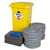 FyterTech 240 Litre General Use Spill Kit In Wheelie Bin GSK240, yellow wheelie bin with spill kit label, along with rolled absorbent socks and pads for spill containment and cleanup.