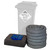 Fentex Refill For 120Ltr General Use Spill Kit In Wheelie Bin, spill kit components including a wheelie bin with spill kit label, coiled absorbent socks, and blue response pads arranged in front of the bin.