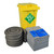 Fentex 120 Litre Evo Recycled Spill Kit In Wheelie Bin, yellow wheelie bin with spill kit contents including folded absorbent pads, coiled absorbent socks, and stone-like absorbent material for spill containment and cleanup.