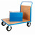 GPC Flatbed Platform Trucks with Veneer Sides & Ends 500kg Load, blue and wooden platform cart with four caster wheels and a foldable back panel.