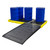 Romold BF6 Low Profile 6 Drum Bunded Workfloor 340 Litre Sump, yellow and black spill containment pallet with a ramp and six blue drums for industrial spill containment.