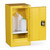 Armorgard HFC2 SafeStor COSHH Hazardous Liquid Cabinet, yellow metal storage cabinet with door open showing internal shelves and plastic bottles, dimensions W365 x D320 x H750mm.