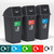 GPC 60L Clear Recycling Bins, three black trash bins with colored labels and push lids for recycling glass, plastics, and paper.