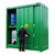 Empteezy DPU16-4 16 Drum / 4 IBC Bunded Storage Cabinet, green metal safety storage cabinet with sliding doors, containing 2 blue drums and 1 white IBC container, designed for hazardous material containment and storage security.