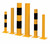 QMP Industrial Protective Steel Posts, yellow safety posts with black reflective stripes for industrial safety and crowd control.