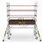 Climb IT GPC 2.9 to 4m Climb-It Flexi Scaffold Platform Tower, a sturdy and adjustable scaffold platform with red safety bars, side wheels for mobility, and a brown storage box featuring the Climb-It logo.
