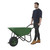 GPC Olympus 80/100L Pneumatic or Puncture Proof Wheelbarrows, a man pushing a green wheelbarrow with black handles and single wheel, standing on a white background.
