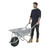 GPC Olympus 80/100L Pneumatic or Puncture Proof Wheelbarrows, a man pushing a silver wheelbarrow with large black puncture-proof wheel and green hub, designed for heavy-duty construction and gardening work.