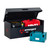 Armorgard OxBox Secure Tool Storage Box, black metal security box with open lid revealing storage for tools and equipment, including a red Hilti container and a Makita toolbox outside.
