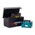 Armorgard OxBox Secure Tool Storage Box, black lockable toolbox with open lid showing tools inside, alongside a smaller blue portable toolbox for secure storage of tools.
