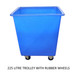 Blue 225 Litre plastic watertight laundry trolley cart with rubber wheels