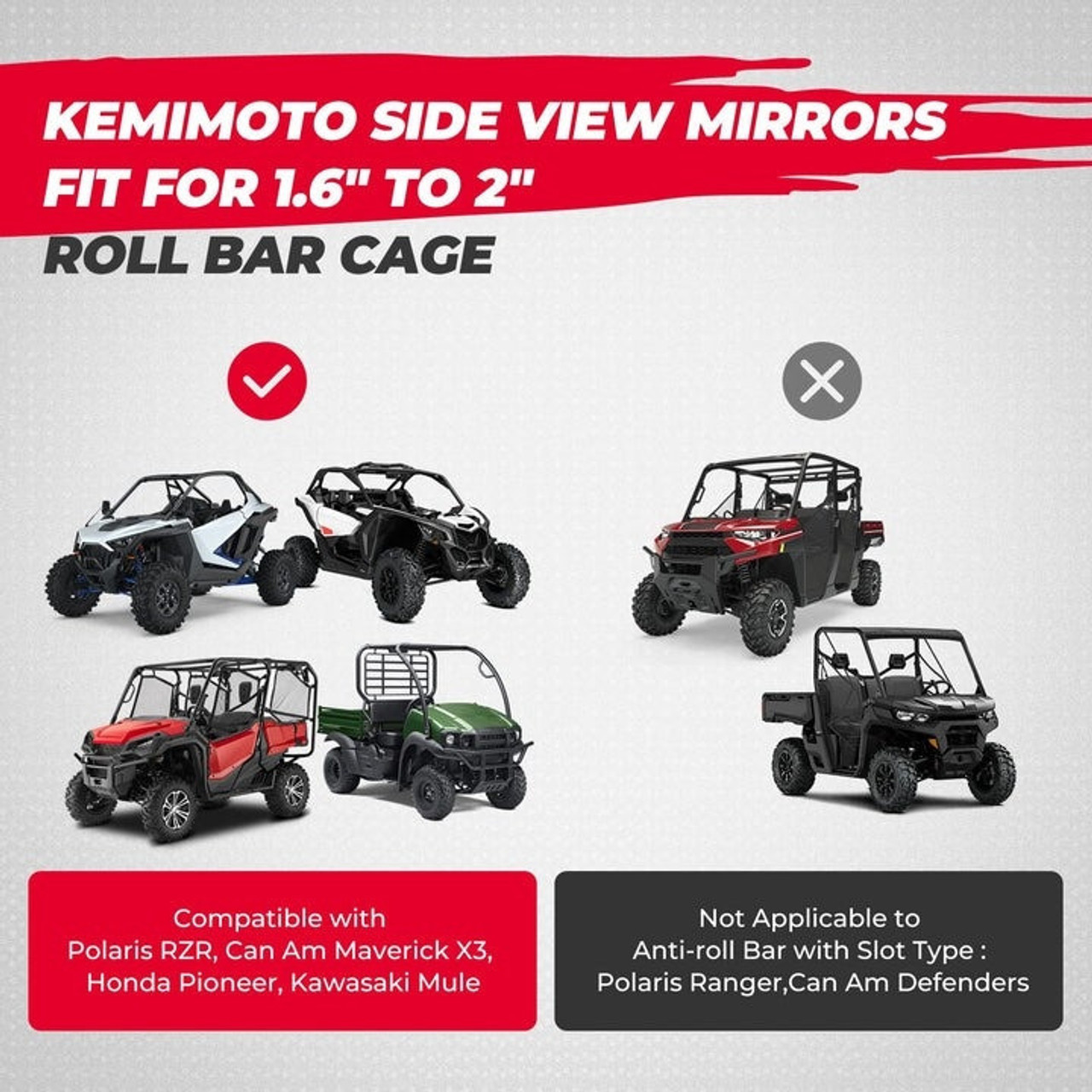 Enhance Safety & Style with Kemimoto Side Mirrors for CFMoto Zforce 1.6-2 Roll  Cage