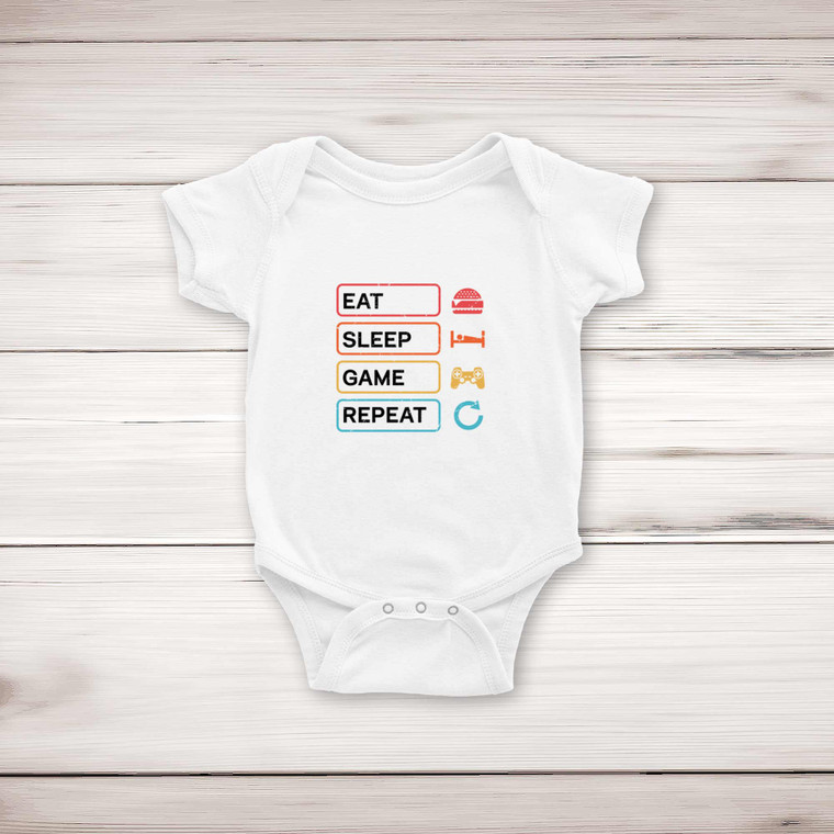 Eat Sleep Game Repeat - Geeky Babygrows & Sleepsuits - Slightly Disturbed - Image 1 of 4