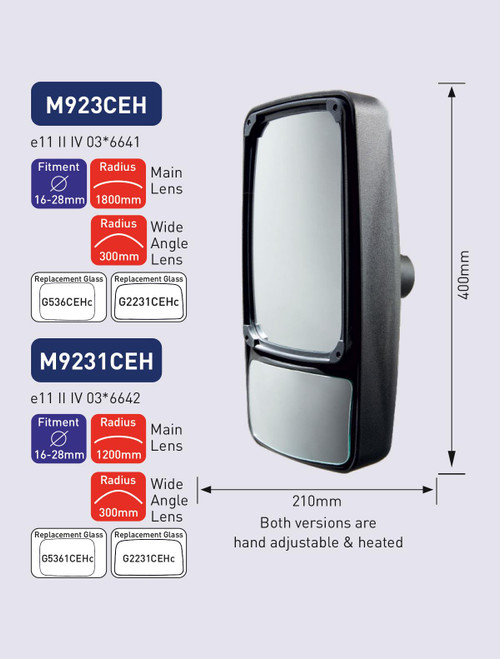 Bus Coach Rear View Twin Mirror Main and Wide Angle 400mm x 210mm - 24v Heated