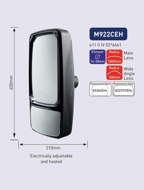 Agricultural Rear View Twin Mirror Elec 12v Heated Fits 40 x 21cm- 16-28 Arm Dia