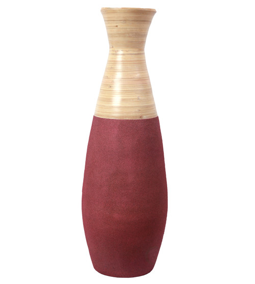 31.5 inch Tall Handcrafted Bamboo Floor Vase, Burgundy and Natural Finish, Decorative Accent, Large Floor Vase, Sustainable Bamboo, Living Room, Dining Room, Entryway Decor, Unique Home Accent