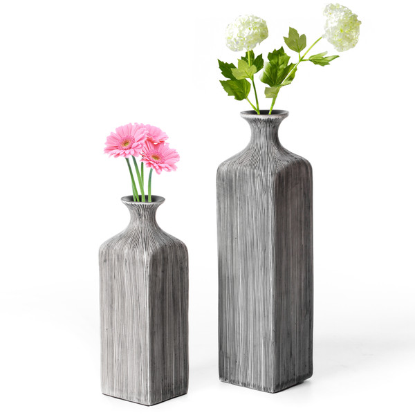 Contemporary Decorative Square Table Flower Vase with Gray Striped Design