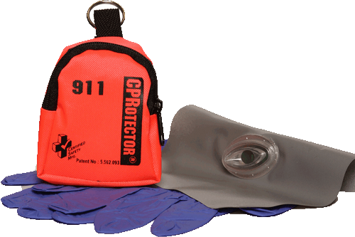 CPR mask and latex gloves in orange pouch