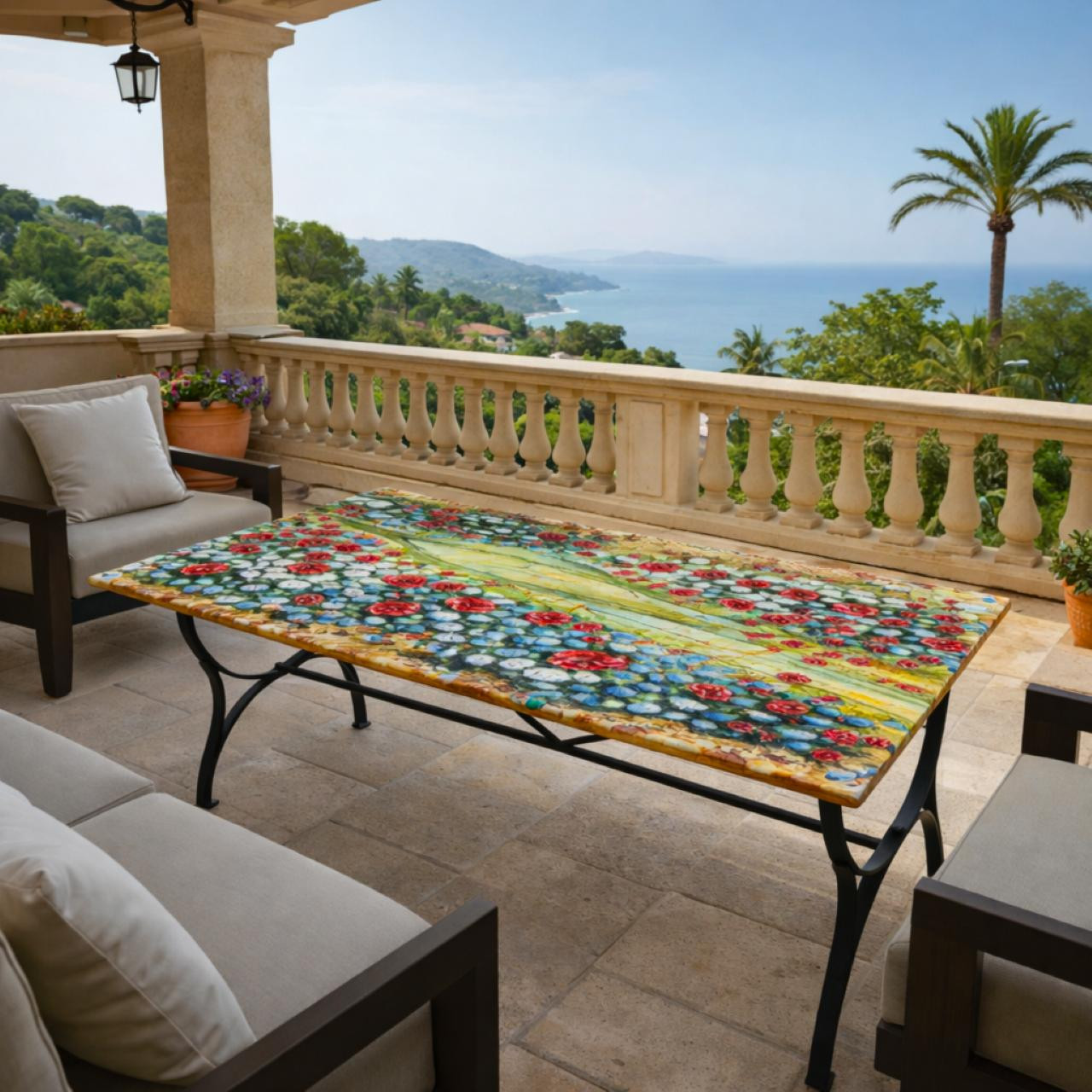 Umbria Lava Stone Table | Hand-Painted Ceramic Table Deruta Italy
