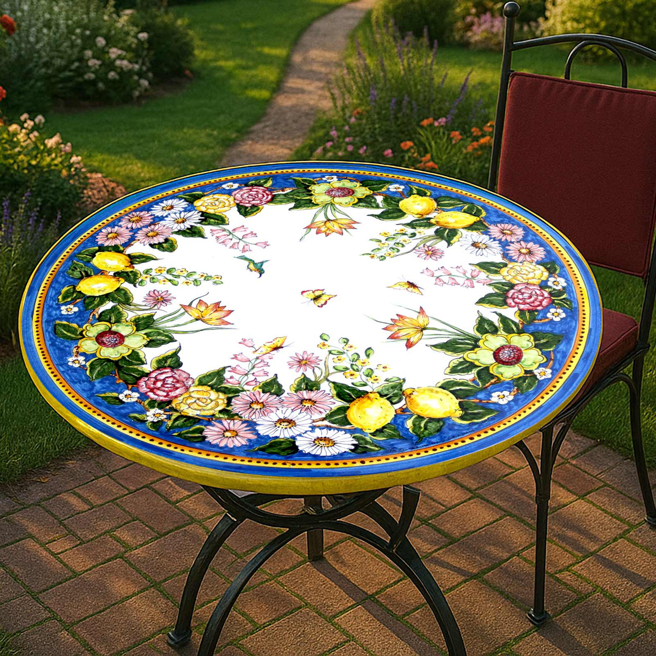 【福岡】 LAVAMAR MADE IN ITLY テーブル 高級 大理石 Bouquet Fiori e Frutti Lava Stone Table | Hand-Painted Ceramic