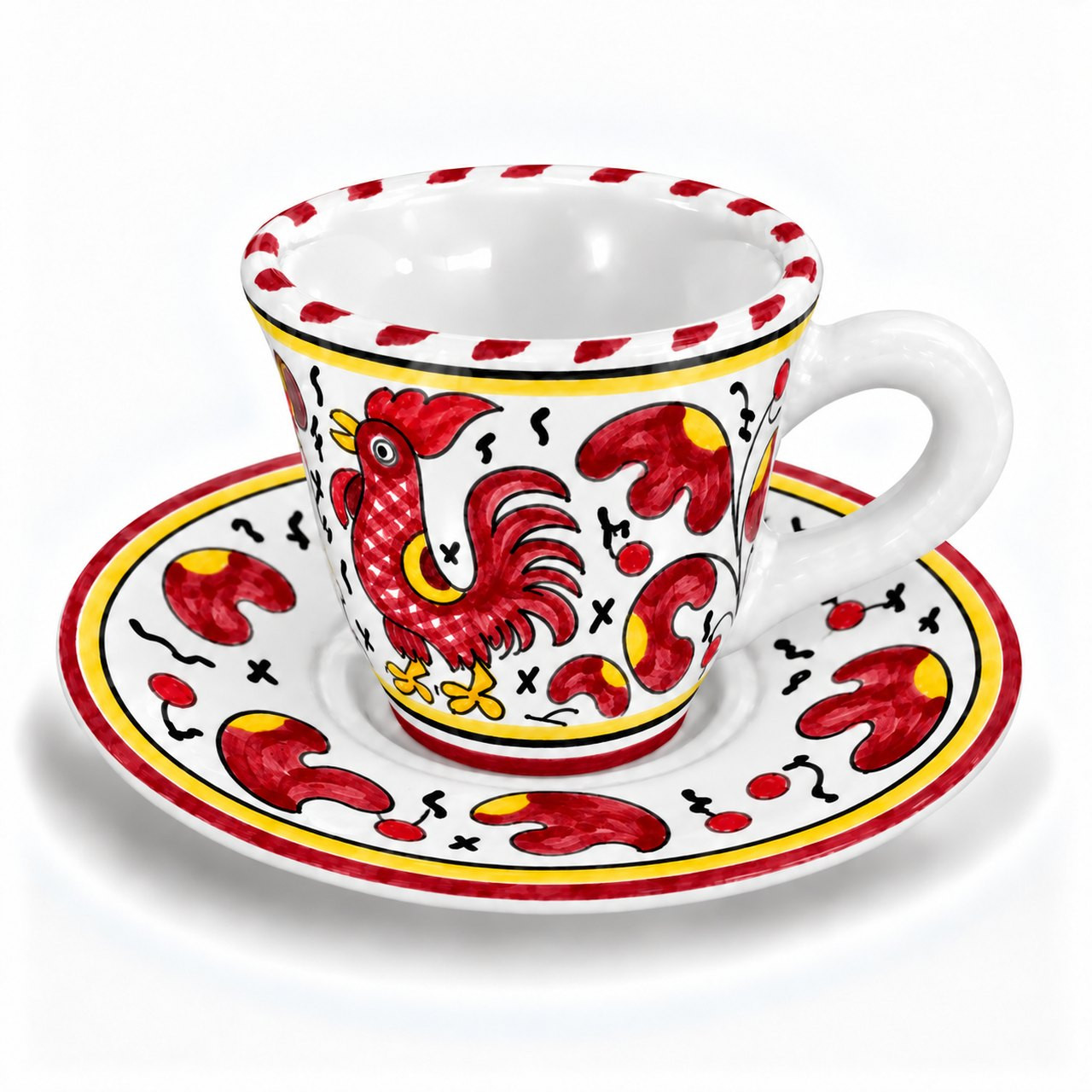 ROSSO REGALE ロッソレガーレ　カップアンドソーサー Galletto Rosso Espresso Cup and Saucer | Red Deruta Rooster Pottery