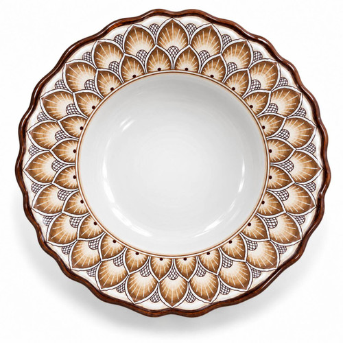 Peacock Grey pasta bowl, rows of peacock feathers in taupe, brown and grey around a white center – hand-painted Italian majolica, Deruta pottery made in Italy