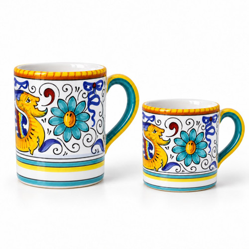 Raffaellesco Traditional mug, decorated with dragons – hand-painted Italian majolica coffee mug, Deruta pottery made in Italy