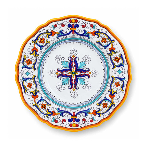 Ricco Deruta dinner plate, ornate blue scrolls and orange flowers around a turquoise ring and a colorful central medallion – hand-painted Italian majolica, Deruta pottery made in Italy