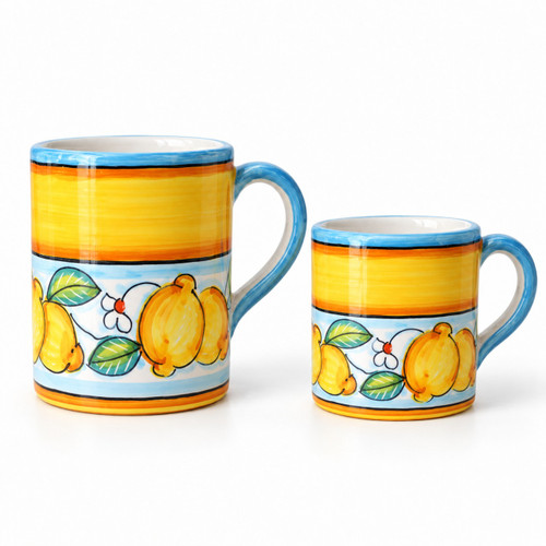 Lemon Light Blu Traditional mug, lemons on a light blue ground – hand-painted Italian majolica coffee mug, Deruta pottery made in Italy