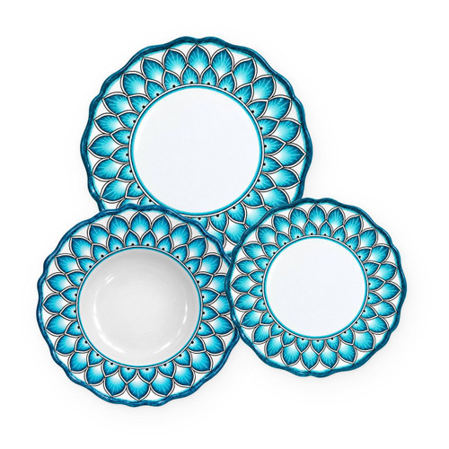 Peacock Light Blue 3-piece place setting: dinner plate, pasta bowl and salad plate, peacock feathers in bright turquoise – hand-painted Italian majolica, Deruta pottery made in Italy