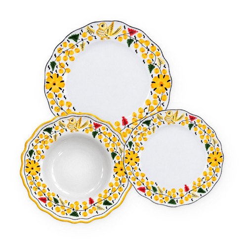 Arabesco Yellow 3-piece place setting: dinner plate, pasta bowl and salad plate, small yellow flowers and berries with a little bird – hand-painted Italian majolica, Deruta pottery made in Italy