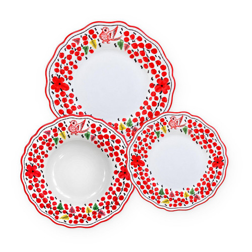 Arabesco Red 3-piece place setting: dinner plate, pasta bowl and salad plate, small red flowers, dots and green leaves with a little bird – hand-painted Italian majolica, Deruta pottery made in Italy