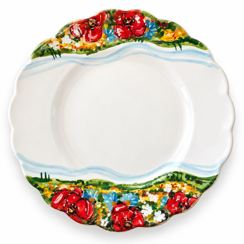 Umbria salad plate, red poppies and green Umbrian fields painted around the rim – hand-painted Italian majolica, Deruta pottery made in Italy