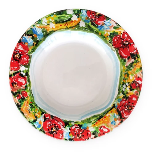 Umbria pasta bowl, red poppies and green Umbrian fields painted around the rim – hand-painted Italian majolica, Deruta pottery made in Italy