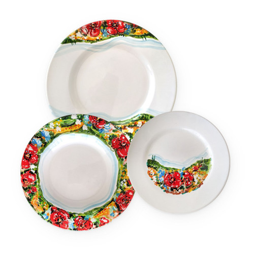 Umbria 3-piece place setting: dinner plate, pasta bowl and salad plate, red poppies, green fields and soft Umbrian hills – hand-painted Italian majolica, Deruta pottery made in Italy
