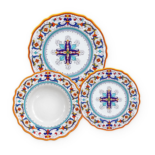 Ricco Deruta 3-piece place setting: dinner plate, pasta bowl and salad plate, blue scrolls, orange flowers and a turquoise ring – hand-painted Italian majolica, Deruta pottery made in Italy